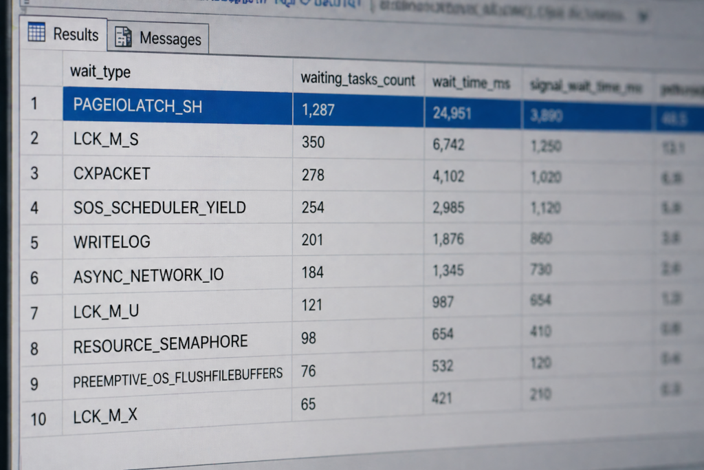 Result set highlighting a dominant SQL Server wait type without full context