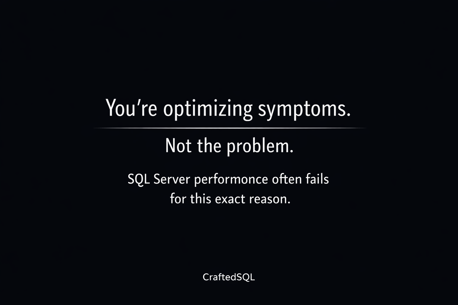 Minimalist dark background graphic with the message “You’re optimizing symptoms, not the problem”, highlighting a common issue in SQL Server performance tuning where root causes are often overlooked.