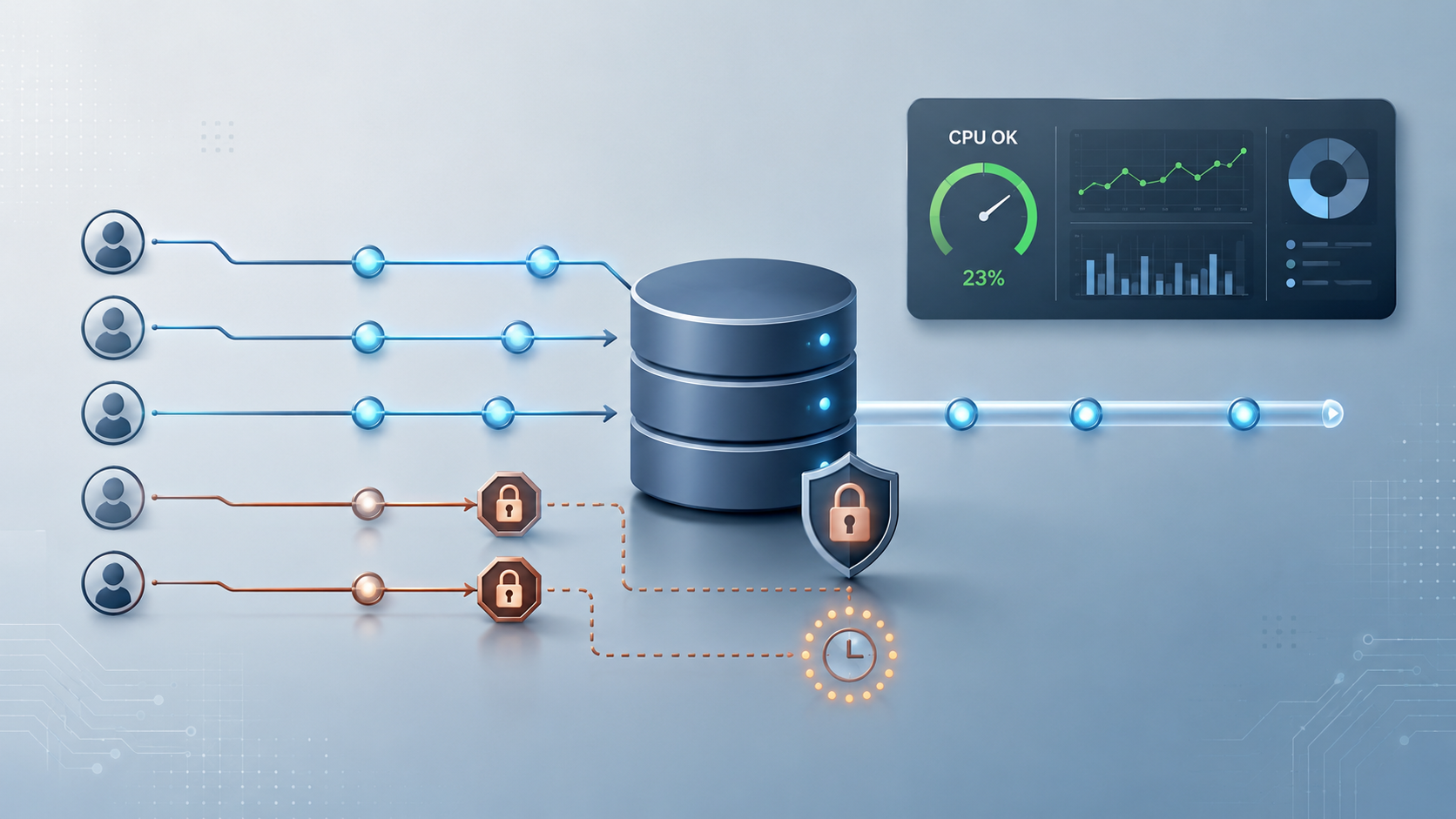 Illustration of SQL Server sessions where CPU appears healthy while some requests are blocked by locks and waiting behind other sessions.