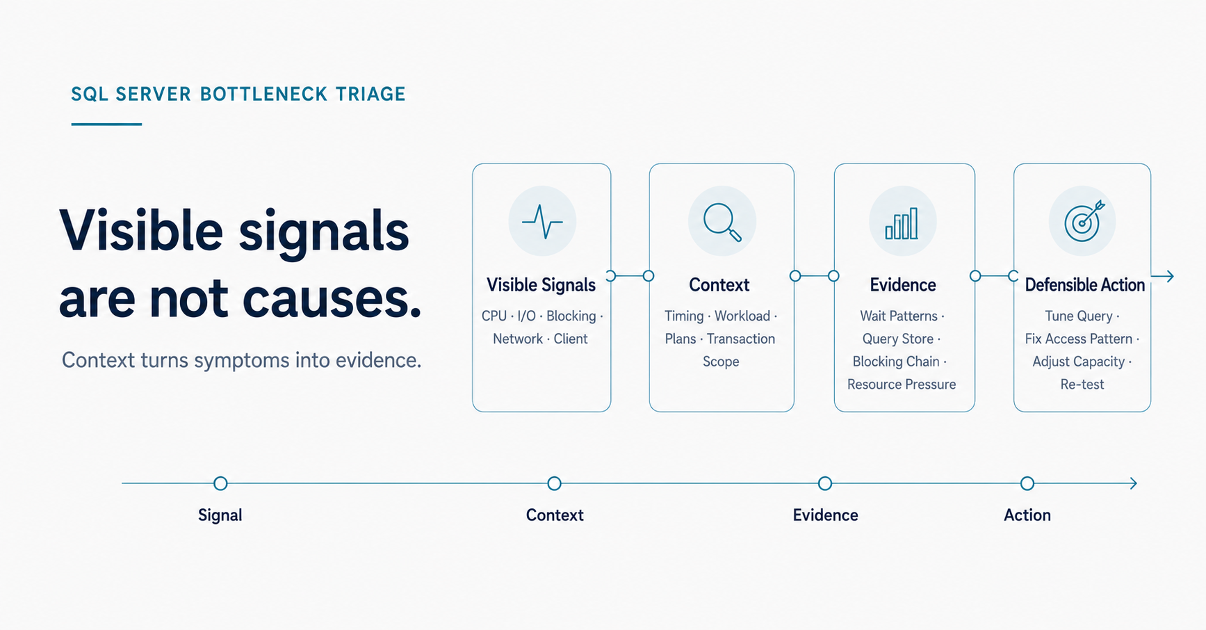 sql-server-bottleneck-triage-signal-context-evidence Diagram showing SQL Server bottleneck triage as a flow from visible signals through context and evidence to a defensible action.