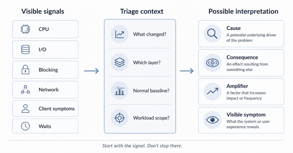 Diagram showing SQL Server bottleneck triage from visible signals such as CPU, I/O, blocking and client symptoms toward cause, consequence, amplifier or visible symptom.