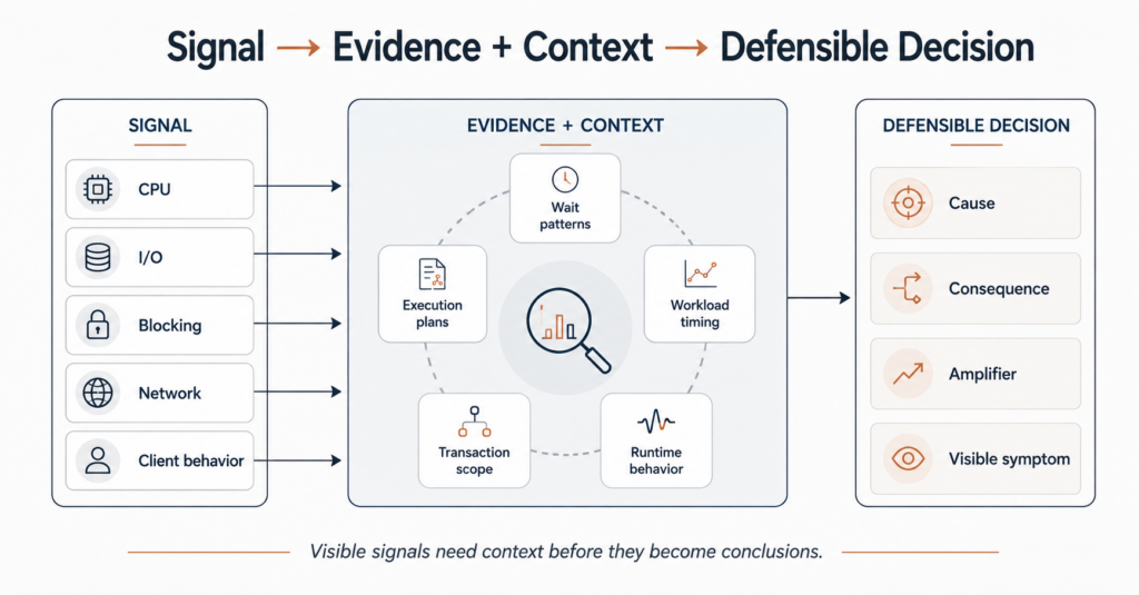 Simple SQL Server bottleneck triage diagram showing visible performance signals being checked against wait patterns, execution plans, workload timing, transaction scope, and runtime behavior before deciding whether they indicate a cause, consequence, amplifier, or visible symptom.
