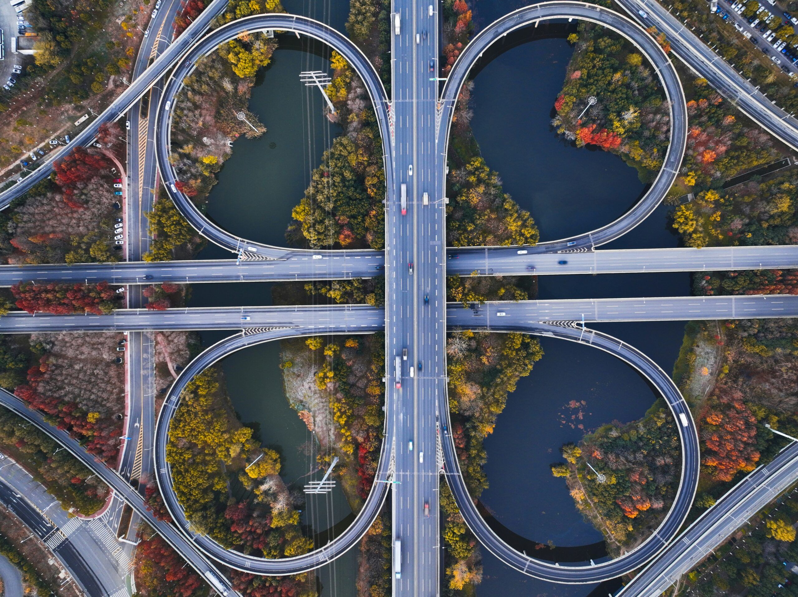 Complex highway interchange representing SQL Server high availability architecture and multiple failover paths